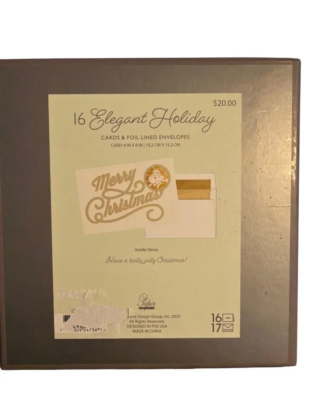 16 Elegant Holiday Merry Christmas Cards Foil Lined Envelopes Santa NEW in Box